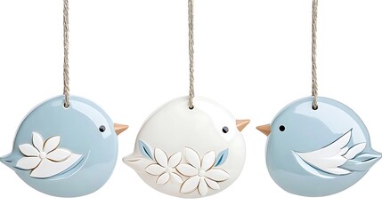 Wall Mural - Charming Bird Ornaments  Pastel Blue   White  Spring Decor  Hanging Decorations