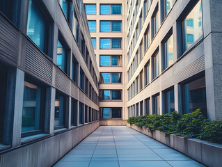 Canvas Print - Multiple windows on side of modern concrete building, indicating an urban business district or commercial real estate.