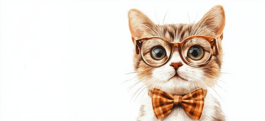  Adorable cat wearing glasses and bow tie, showcasing a charming and intellectual appearance, perfect for pet lovers and cat enthusiasts, copy space for text