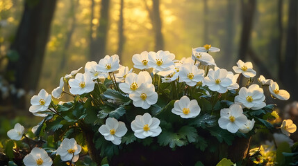 Wall Mural - beautiful white primroses in spring in the forest close-up in sunlight in nature. spring forest land
