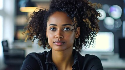 Poster - A young woman with vibrant curly hair sits confidently at a desk in a contemporary office environment. Soft lighting highlights her determined expression, suggesting focus and creativity.