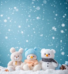 Wall Mural - Adorable snowman and teddy bear plush toys in winter wonderland setting, surrounded by snowflakes and pine cones, festive holiday atmosphere, copy space for text