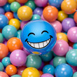 © Tonya - A blue smiley face with a big grin floats amongst colorful spheres.