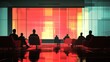 © EUT - Silhouetted figures sit in red chairs, facing a large, abstract, red and orange window. Depicts a modern business meeting or contemplation of data visualization.