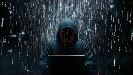 hacker wearing a dark blue hoodie and black face typing in front of laptop with digital code lines on his face, digital code and digital numbers on a black background,generative ai