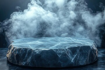 Wall Mural - abstract dark background featuring natural granite stones on a podium surrounded by ethereal smoke c