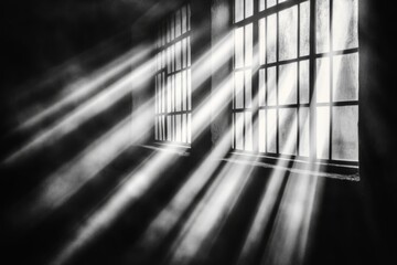 Poster - A flat design of a barred window with light streaming through, drawn in soft grayscale tones