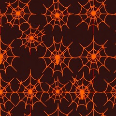 Spooky Spiderweb Pattern: A seamless Halloween pattern with orange spiderwebs on a dark red background. Perfect for spooky and festive designs, creating a mysterious and eerie atmosphere. 