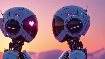 Poster - In a serene landscape at sunset, two advanced robots face each other, their eyes glowing with heart shapes, symbolizing love and connection. The vibrant colors of the sky enhance the ambiance.