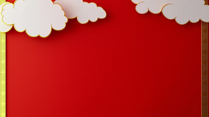 Minimalist red background with decorative white cloud cutouts and gold accents, evoking harmony, prosperity, and traditional Chinese New Year design themes for cultural elegance.