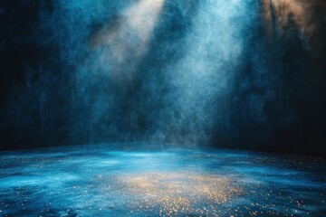 moody blue background with golden glitter; spotlights create dramatic atmosphere. ideal for product 