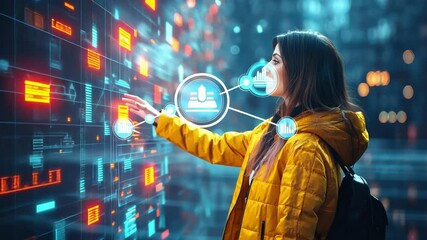 A woman is looking at a computer screen with a lot of numbers and letters