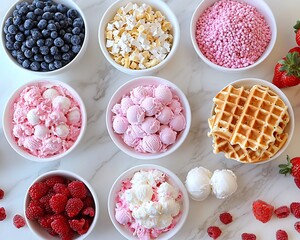 Wall Mural - Ice cream scoops, berries, waffles, and toppings in bowls.