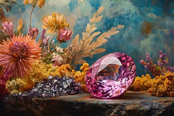 Sticker - Pink gemstone rests on rock among dried flowers