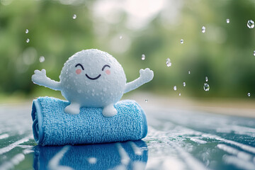 Canvas Print - A workout towel dancing happily as it dries off cartoon sweat drops
