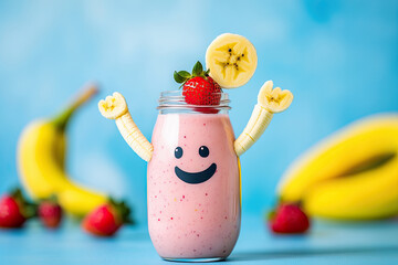 Canvas Print - A smoothie bottle holding a tiny banana and strawberry, both waving in excitement
