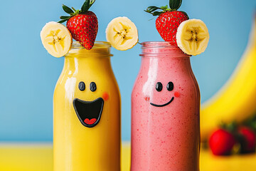 Canvas Print - A smoothie bottle holding a tiny banana and strawberry, both waving in excitement