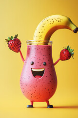 Canvas Print - A smoothie bottle holding a tiny banana and strawberry, both waving in excitement