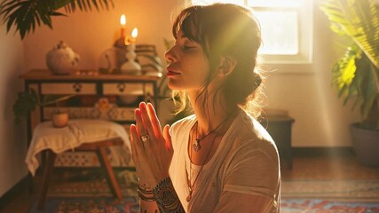 Aufkleber - A person sits in a tranquil space with dim lighting, practicing meditation. The room is decorated with plants and candles, enhancing a serene environment focused on inner peace and reflection.