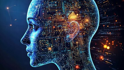 an AI with digital circuitry and data streams, symbolizing the power behind artificial intelligence technology,generative ai	
