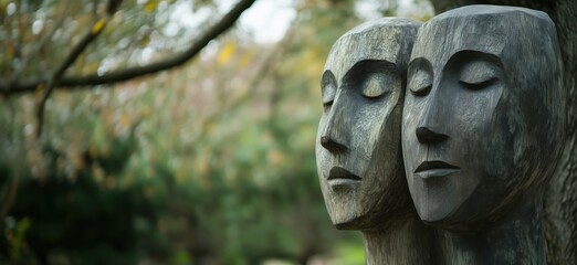 Wooden sculptures of two serene faces representing harmony and connection in nature, surrounded by blurred greenery and autumn foliage, copy space for text