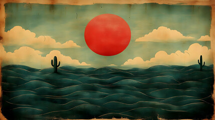 Canvas Print - Vintage desert landscape with large red sun, cacti, and textured background.