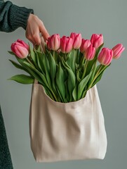 Wall Mural - Woman holding a tote bag filled with fresh pink tulips against a textured background