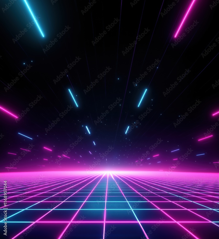 Futuristic neon grid landscape with vibrant blue and pink light streaks ...