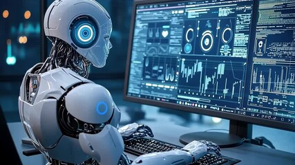 Canvas Print - A humanoid robot is looking at the stock market screen with numbers, displaying various stock ticker symbols and colorful numbers. showing real-time trading data and graphs,generative ai