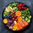 © jaxstre - Balanced nutrition Image of a plate with a variety of fresh foods vegetables fruits proteins fish meat complex carbohydrates and healthy fats presented in the form of