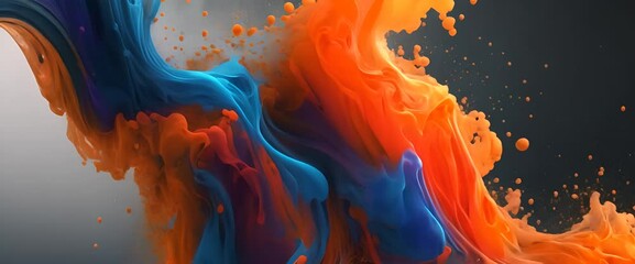 Wall Mural - abstract of blue and orange particle fluid isolated on black paint drops mixing in water ink swirlin