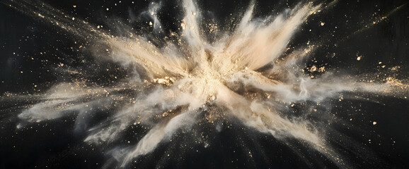 Wall Mural - explosion of light brown powder on a black background, captured at a wide angle.