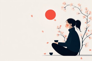 Poster - A flat design of a Japanese girl sitting under a torii gate, with cherry blossoms framing the scene on a clean white background