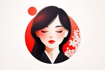 Poster - A flat design of a Japanese girl sitting under a torii gate, with cherry blossoms framing the scene on a clean white background