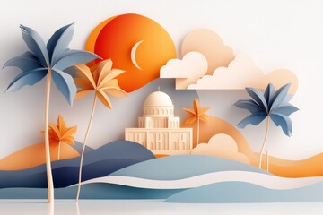 Aufkleber - A flat design of the Dome of the Rock, featuring vibrant blues and golds, set on a clean white canvas