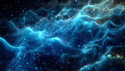 Abstract blue glowing particles background with a bokeh effect. Abstract digital night space background.
