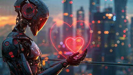 Poster - A humanoid robot stands on a balcony overlooking a vibrant city skyline at dusk, cradling a luminous heart symbol, embodying love and technology in harmony.