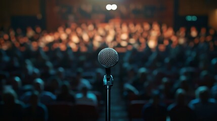 A microphone on a stand illuminated by a spotlight