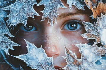 Canvas Print - Child Hidden Among Frozen Autumn Leaves