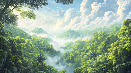 Sticker - breathtaking view of Amazon rainforest, showcasing its dense greenery and mist