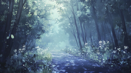 Sticker - serene forest path surrounded by tall trees and blooming flowers