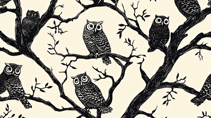 Sticker - Owls Perched on Bare Branches of Trees