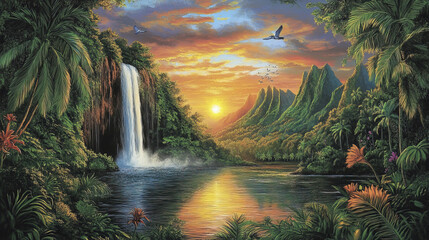 Sticker - picturesque tropical landscape featuring waterfall, sunset, and lush greenery