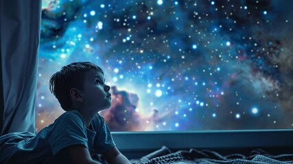 Poster - A young child lies on a bed, captivated by the breathtaking view of a star-filled cosmic night sky visible through a large window.