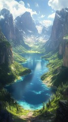 Wall Mural - Majestic mountain landscape with lush greenery and a tranquil lake