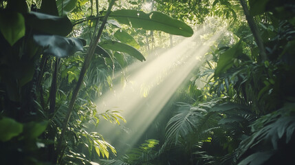 Sticker - Lush Amazon rainforest with sunlight filtering through dense foliage