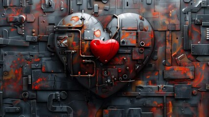 Poster - This unique display of industrial and romantic elements centered around a vibrant red heart.