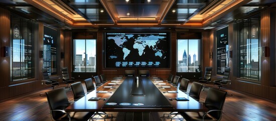 Wall Mural - modern boardroom with city view, large screen displaying world map.