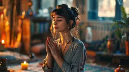 Aufkleber - A young woman sits cross-legged on a colorful rug, hands in prayer position, eyes closed in deep meditation. Soft candlelight and plants create a peaceful home environment.