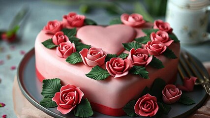 Poster - This lovely heart cake topped with pink roses and green leaves, ideal for Valentines Day.